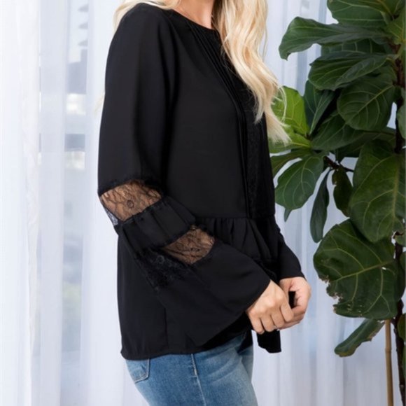 Black Long bell Sleeved Lace detailed Blouse - Picture 7 of 7